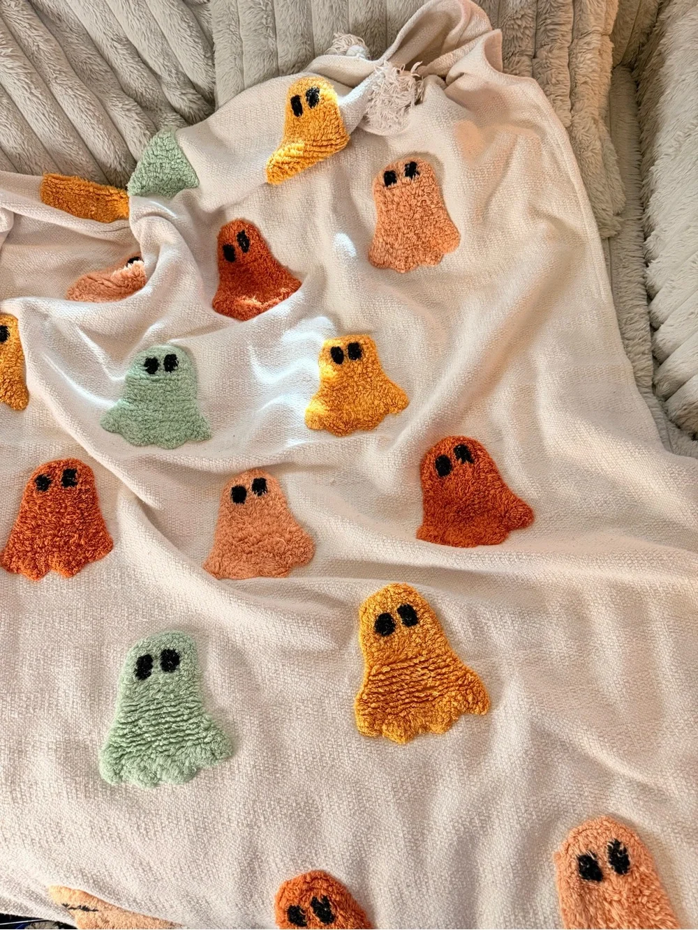 Us Angels Cream Throw Blanket with Orange, Yellow, Green & Peach Ghost Appliqués